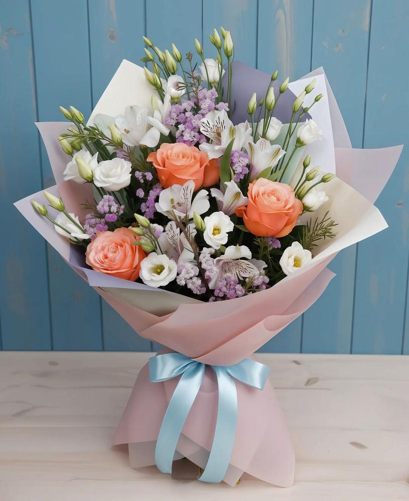 Букет цветов из: Лизиантусы, Розы, Альстромерии и Гипсофила в Детчино