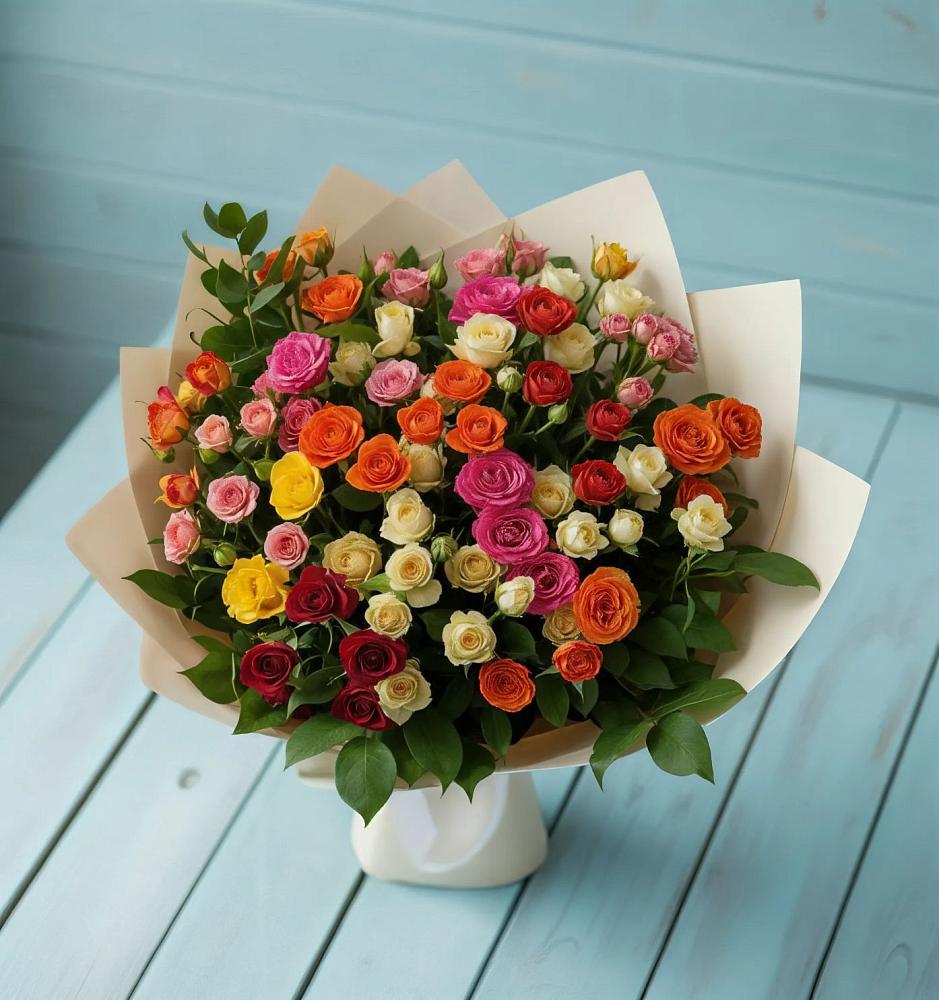Букет Микс из разноцветных кустовых роз в Детчино