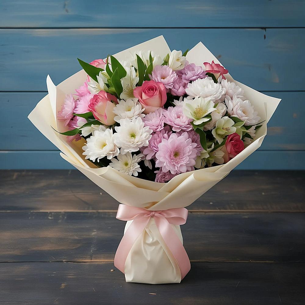 Букет цветов из: Хризантемы, Альстромерии и Розы в Детчино